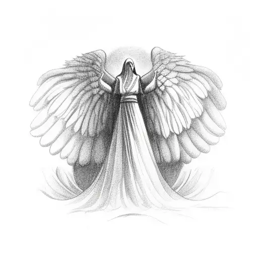 big angel flying looking up where there in an eye tattoo design idea