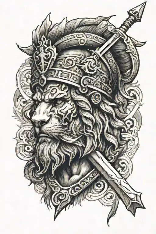spartan warrior, lion, crown, greek mythology, sword, cross tattoo design idea