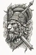 spartan warrior, lion, crown, greek mythology, sword, cross tattoo design idea