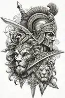 spartan warrior, lion, crown, greek mythology, sword, cross tattoo design idea