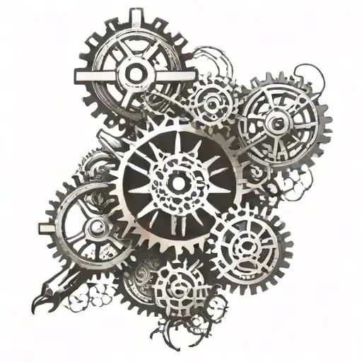 Create a mechanical-inspired design featuring gears and tools intertwined with Greek god symbols tattoo design idea