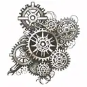 Create a mechanical-inspired design featuring gears and tools intertwined with Greek god symbols tattoo design idea