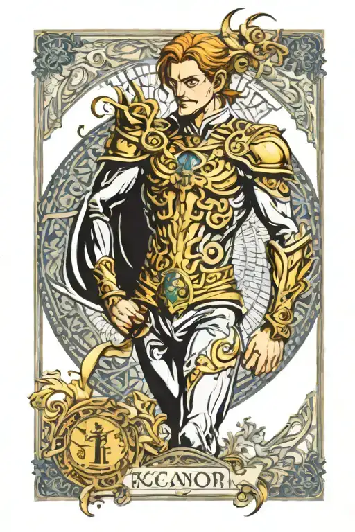 Escanor,  from the anime seven deadly sins, pictured as a tarot card. the card reads "the sun"  tattoo design idea
