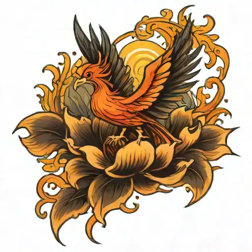 phoenix rising from lotus flower growing tattoo design idea