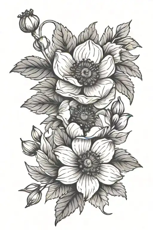 blueberries and poppy flower tattoo design idea