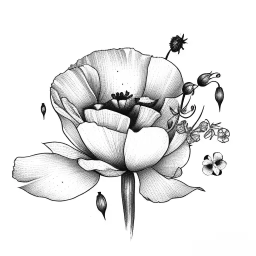 bouquet with larkspur waterlilly poppy and roses tattoo design idea