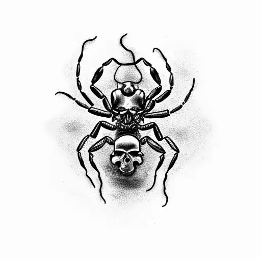 A detailed black and grey tattoo of a scorpion crawling out of a dark and mysterious skull tattoo design idea