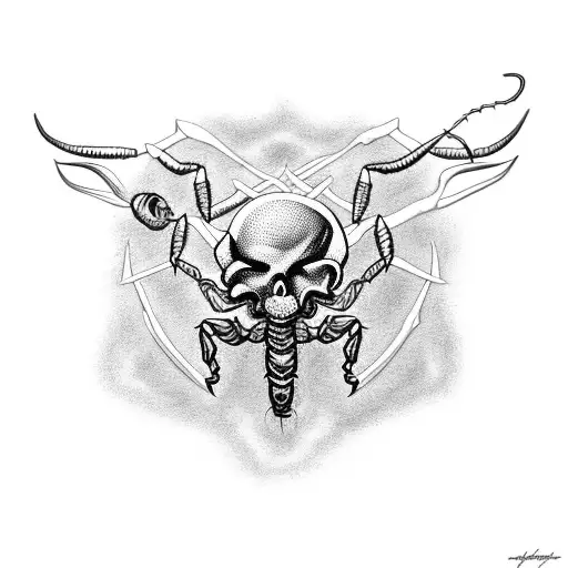 A detailed black and grey tattoo of a scorpion crawling out of a dark and mysterious skull tattoo design idea