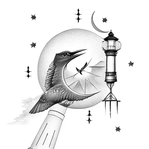 2 Swallow Bird, Moon, Lighthouse tattoo design idea