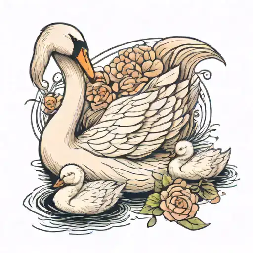 a mother swan with 2 cygnets incorporating the name Ada tattoo design idea