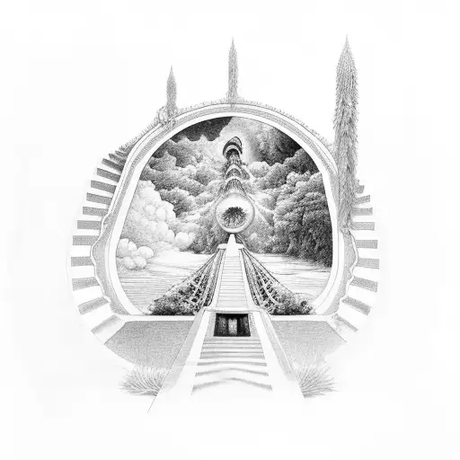 staircase with parents holding child with a peacock at the top with heavens gates  tattoo design idea