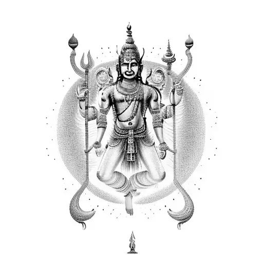 An abstract representation of Lord Vishnu surrounded by elements from different cultures you encountered during your travels tattoo design idea