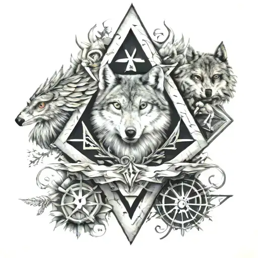 A tattoo combining the elements of nature and the Freemasons, with a wolf and an owl surrounded by masonic symbols tattoo design idea
