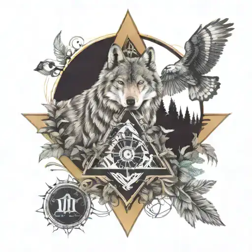 A tattoo combining the elements of nature and the Freemasons, with a wolf and an owl surrounded by masonic symbols tattoo design idea