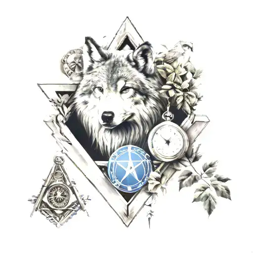 A tattoo combining the elements of nature and the Freemasons, with a wolf and an owl surrounded by masonic symbols tattoo design idea