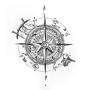 An intricate tattoo featuring a compass and musical notes to symbolize your occupation as a seafarer and passion for music tattoo design idea