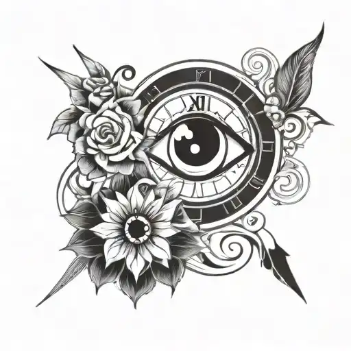 Evil eye, Aquarius sign, yin yang, and flower of life  with clock in Roman numerals  tattoo design idea