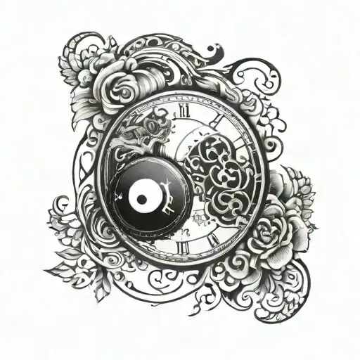 yin Yang and Roman numeral clock tattoo design idea