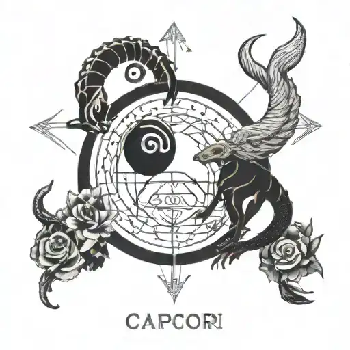 A tarot card design featuring the zodiac signs Capricorn and Cancer intertwined with symbols of love, in a blackwork style tattoo design idea