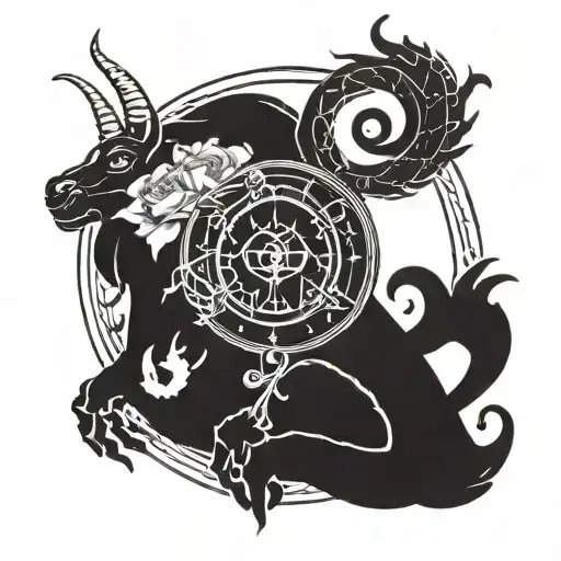 A tarot card design featuring the zodiac signs Capricorn and Cancer intertwined with symbols of love, in a blackwork style tattoo design idea