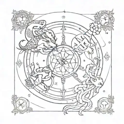 A tarot card design featuring the zodiac signs Capricorn and Cancer intertwined with symbols of love, in a blackwork style tattoo design idea