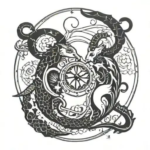 A tarot card design featuring the zodiac signs Capricorn and Cancer intertwined with symbols of love, in a blackwork style tattoo design idea