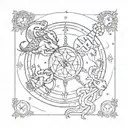 A tarot card design featuring the zodiac signs Capricorn and Cancer intertwined with symbols of love, in a blackwork style tattoo design idea