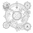 A tarot card design featuring the zodiac signs Capricorn and Cancer intertwined with symbols of love, in a blackwork style tattoo design idea