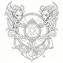 A tarot card design featuring the zodiac signs Capricorn and Cancer intertwined with symbols of love, in a blackwork style tattoo design idea