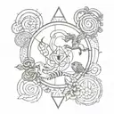 A tarot card design featuring the zodiac signs Capricorn and Cancer intertwined with symbols of love, in a blackwork style tattoo design idea