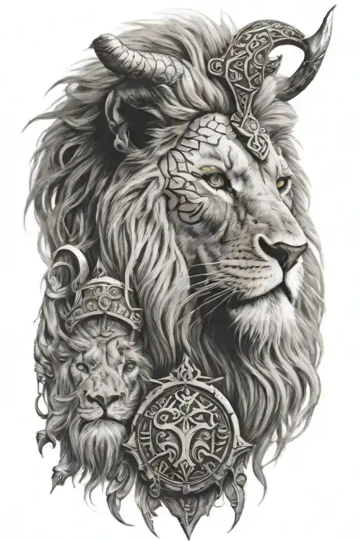 Face of one Lion with Vikings symbol surrounded  tattoo design idea