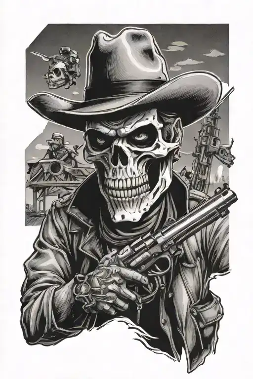 cowboy with skull face. shooting two pistols like a gunslinger. attached by marionette strings tattoo design idea