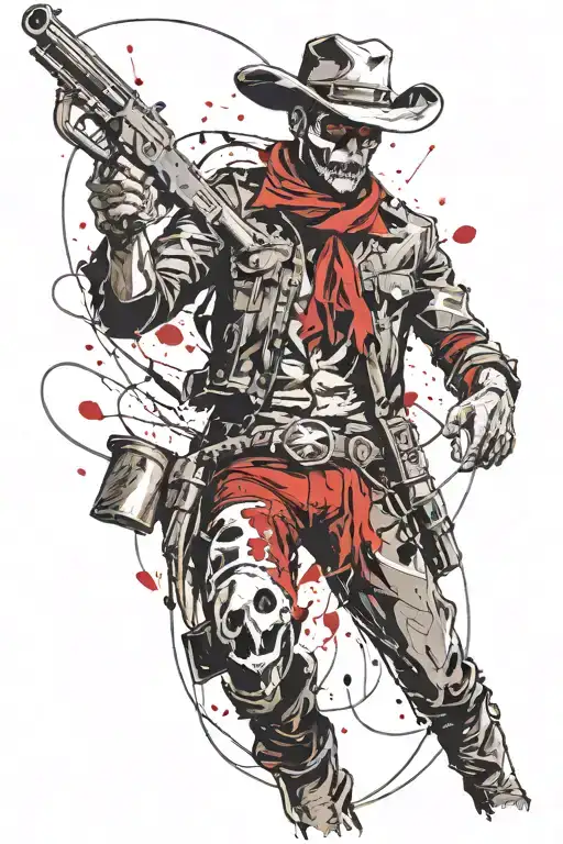 cowboy with skull face. shooting two guns like a gunslinger. attached by marionette strings tattoo design idea