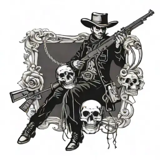 cowboy with skull face. shooting two guns like a gunslinger. attached by marionette strings tattoo design idea