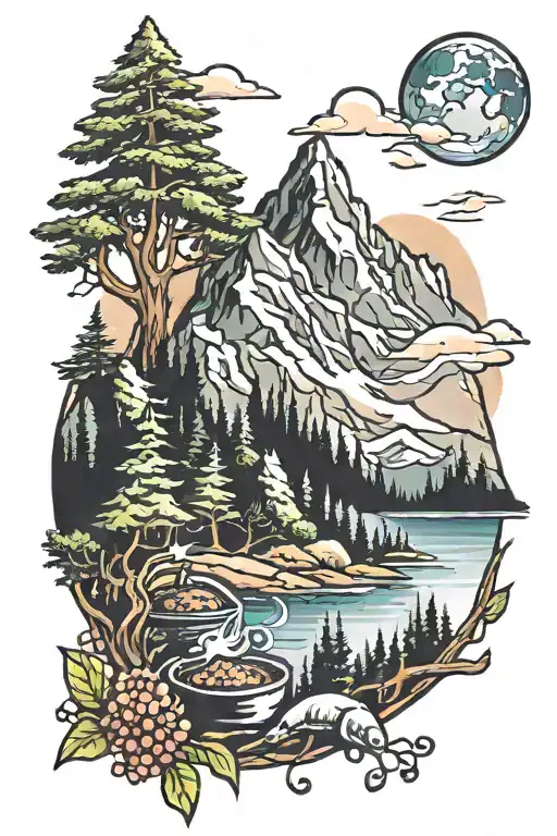 food and outdoors mountains trees tattoo design idea