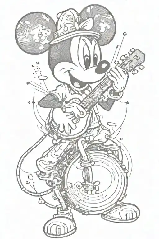 A unique tattoo combining the silhouette of Mickey Mouse with musical instruments like guitars and drums, showcasing the client's love for both Disney and music tattoo design idea