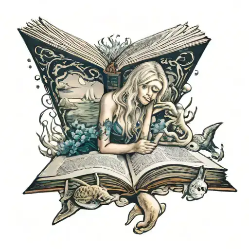 Blonde girl reading a book at sea creatures tattoo design idea
