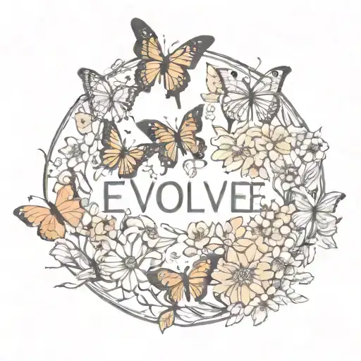 evolve, flowers and butterfly surrounding  tattoo design idea
