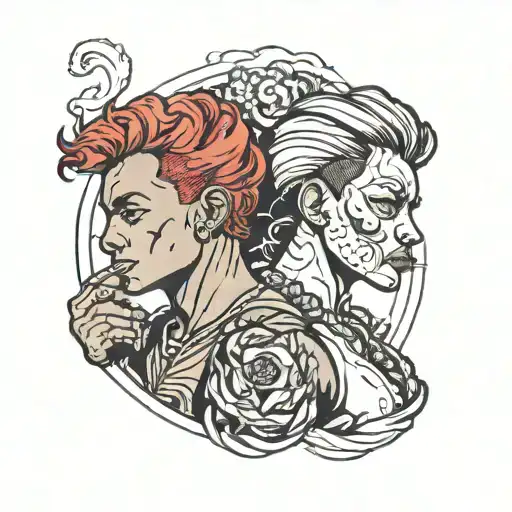 muscular black boy and girl with red hair smoking  tattoo design idea
