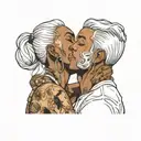 muscular black boy kissing girl with white hair tattoo design idea