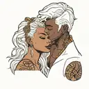 muscular black boy kissing girl with white hair tattoo design idea