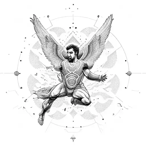 An intricate dotwork design of Icarus falling from the sky with Greek symbols representing technology tattoo design idea