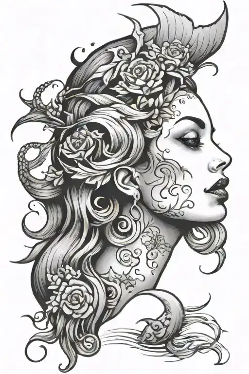 mermaid lady face surreal tattoo design idea