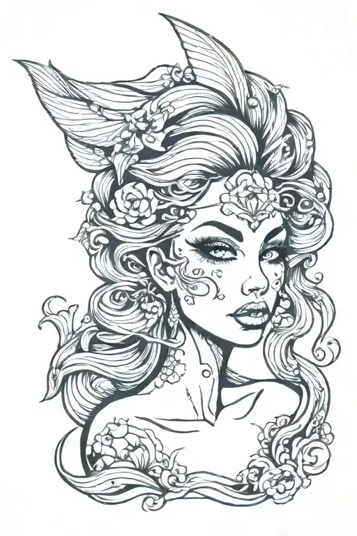 mermaid lady face surreal tattoo design idea