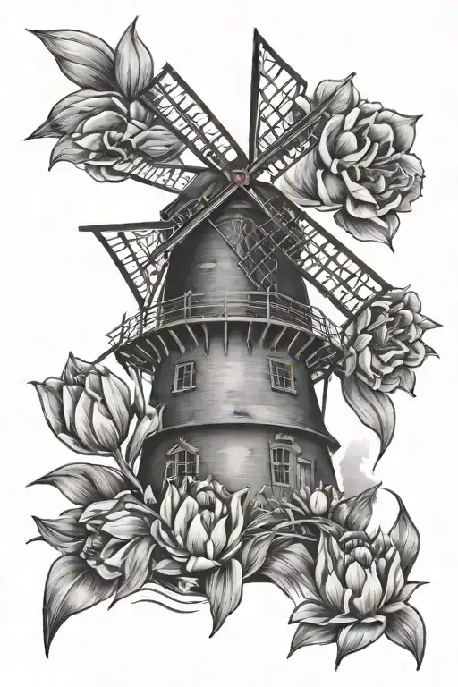 A windmill with tulips surrounding tattoo design idea