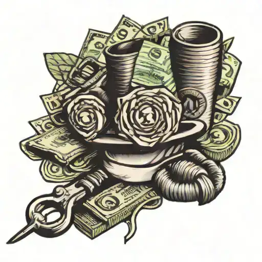 A tattoo design featuring a stack of money intertwined with barbershop tools, symbolizing the client's love for both money and barbering tattoo design idea