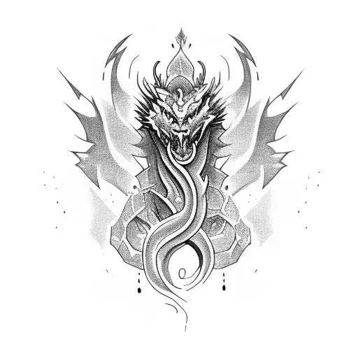 sleeve tatto with abstract dragon and lighting going doing from shoulder to forearm tattoo design idea