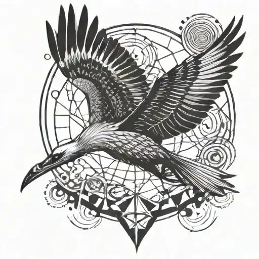 a flying crane with spread wings and geometric circles around the head tattoo design idea