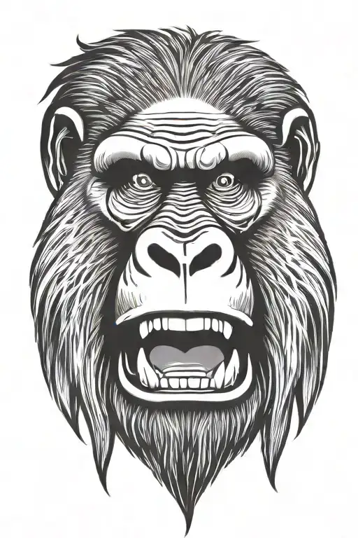 portrait from face of angry gorilla. mouth wide open. staring straight front. thin lines tattoo design idea