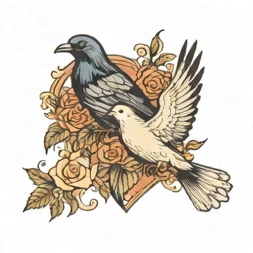 Dove and Raven flying tattoo design idea